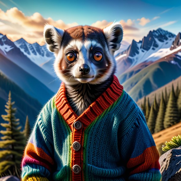 Image of a lemur in a sweater in the mountains