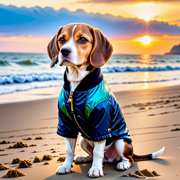 Foto de un beagle en una chaqueta en la playa