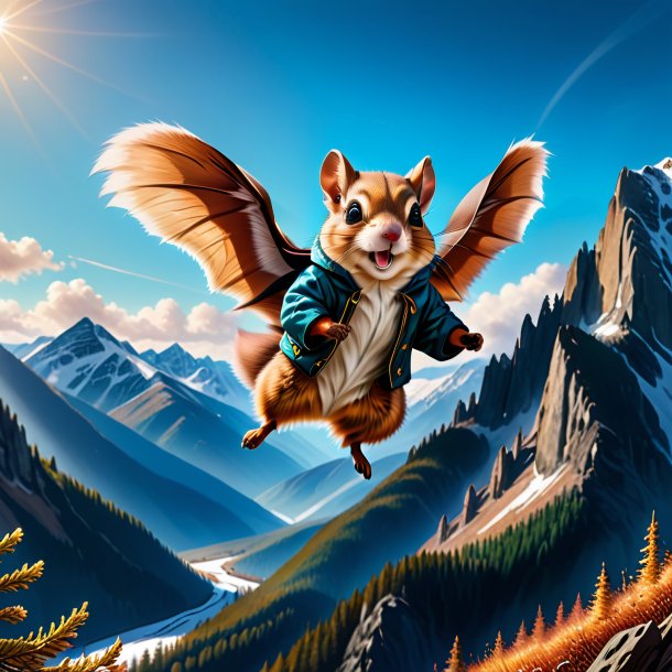 Drawing of a flying squirrel in a coat in the mountains