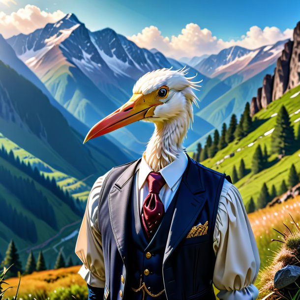 Picture of a stork in a vest in the mountains