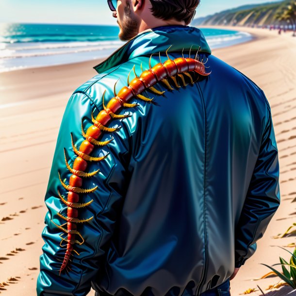 Drawing of a centipede in a jacket on the beach