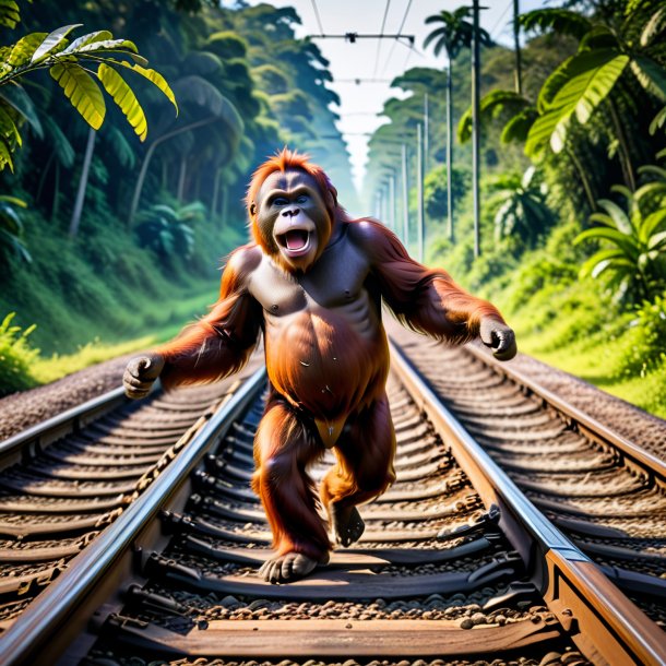 Photo of a dancing of a orangutan on the railway tracks