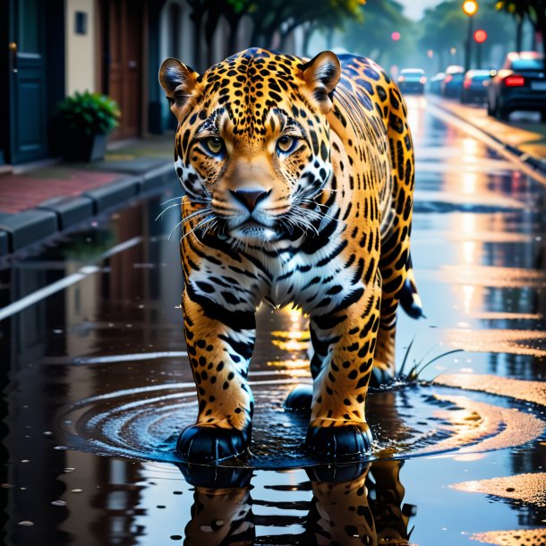 Foto de un jaguar en un pantalón en el charco