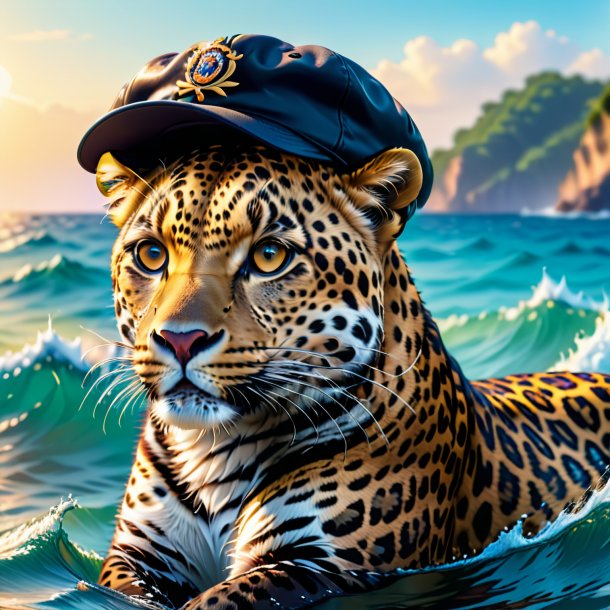 Foto de un leopardo en una gorra en el mar