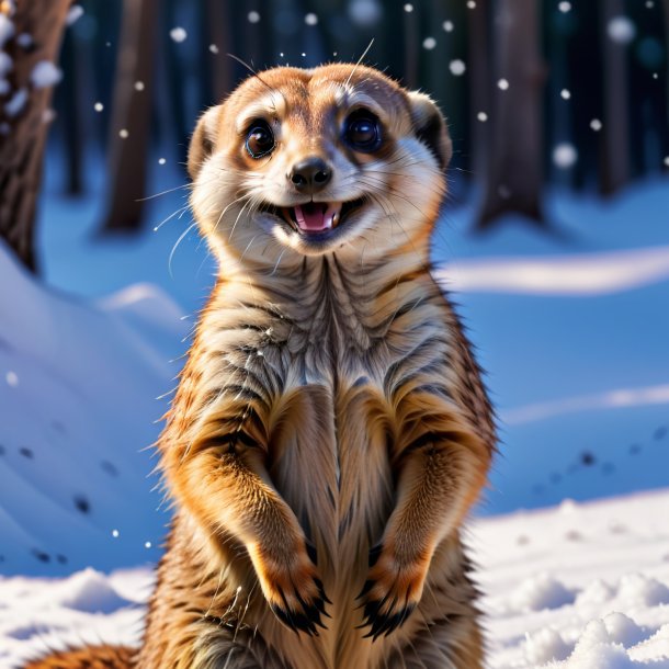 Image of a smiling of a meerkat in the snow