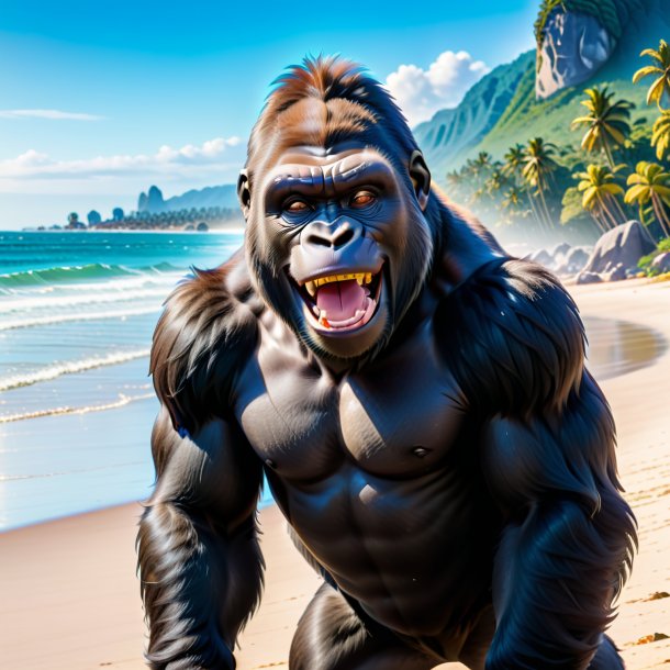 Image of a smiling of a gorilla on the beach