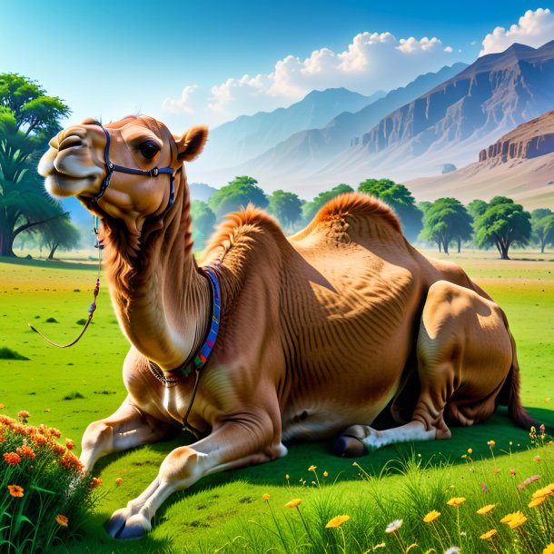 Picture of a sleeping of a camel in the meadow