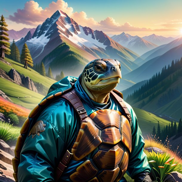 Drawing of a turtle in a jacket in the mountains