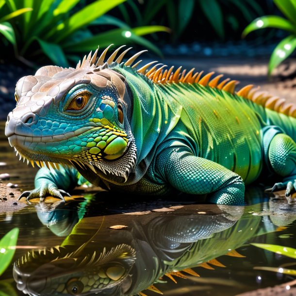 Imagem de um descanso de uma iguana na poça