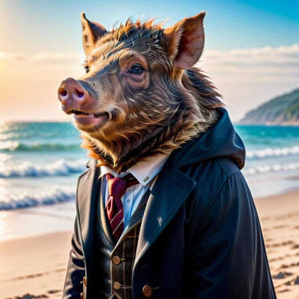 Photo of a boar in a coat on the beach