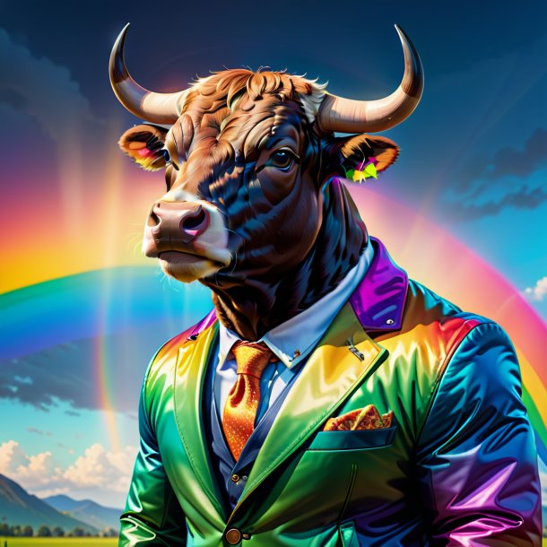 Ilustración de un toro en una chaqueta en el arco iris