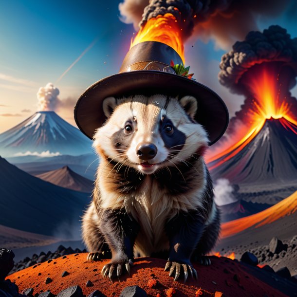 Photo of a badger in a hat in the volcano