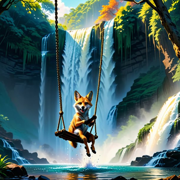 Image of a swinging on a swing of a jackal in the waterfall