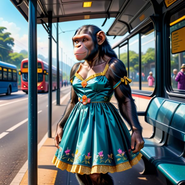 Illustration of a chimpanzee in a dress on the bus stop