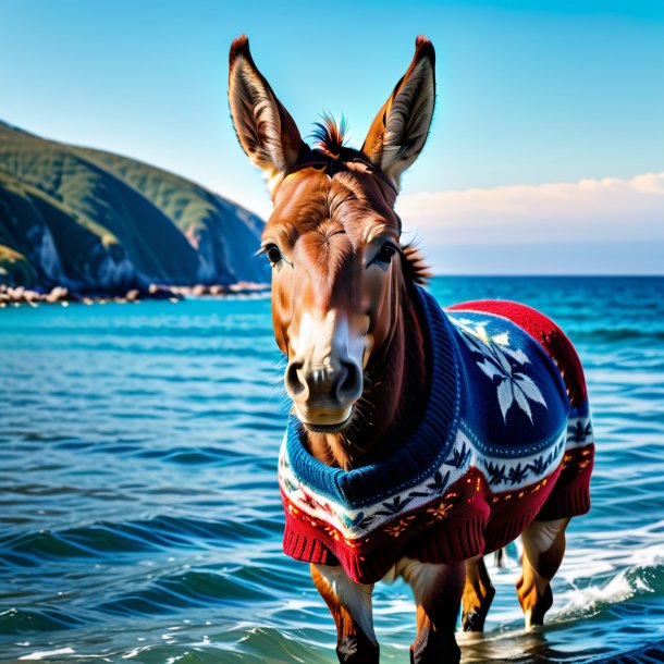 Foto de uma mula em um suéter no mar