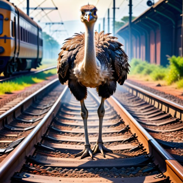 Foto de un avestruz en zapatos en las vías del tren