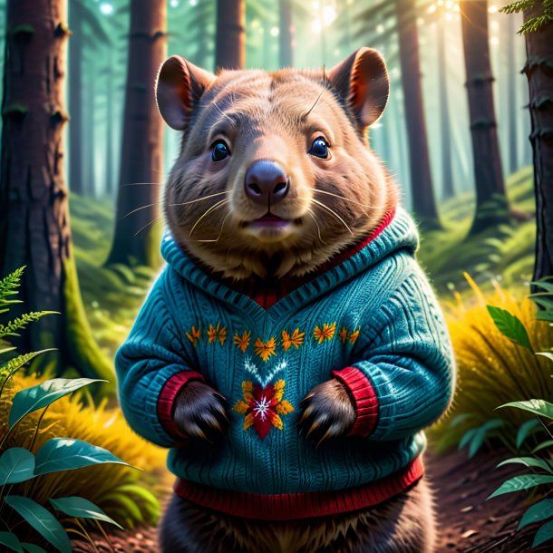 Image of a wombat in a sweater in the forest