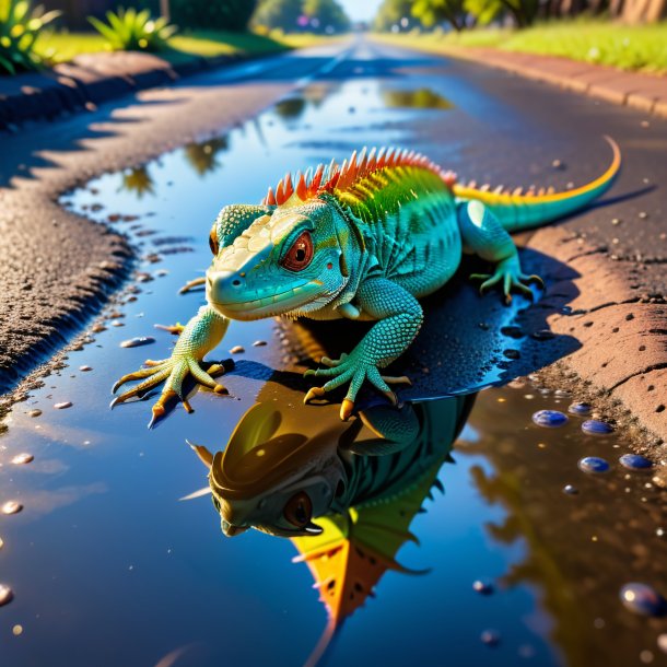 Pic d'une attente d'un lézard dans la flaque