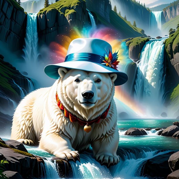 Drawing of a polar bear in a hat in the waterfall