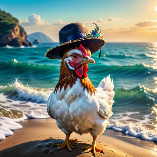 Imagen de una gallina en un sombrero en el mar