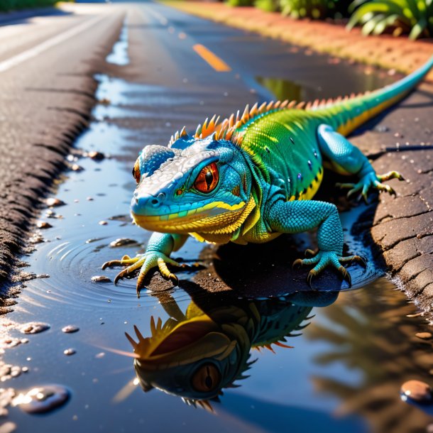 Pic of a threatening of a lizard in the puddle