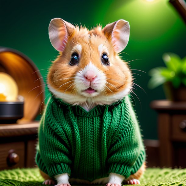 Photo of a hamster in a green sweater