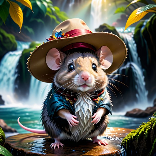 Image of a mouse in a hat in the waterfall