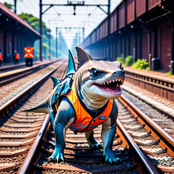 Pic of a hammerhead shark in a vest on the railway tracks