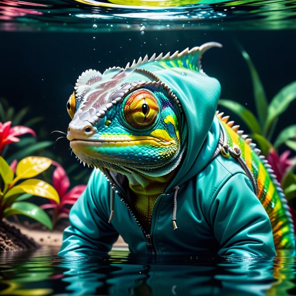 Imagen de un camaleón en una sudadera con capucha en el agua