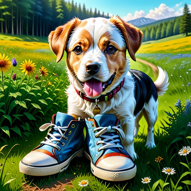 Dessin d'un chien dans une chaussure dans la prairie