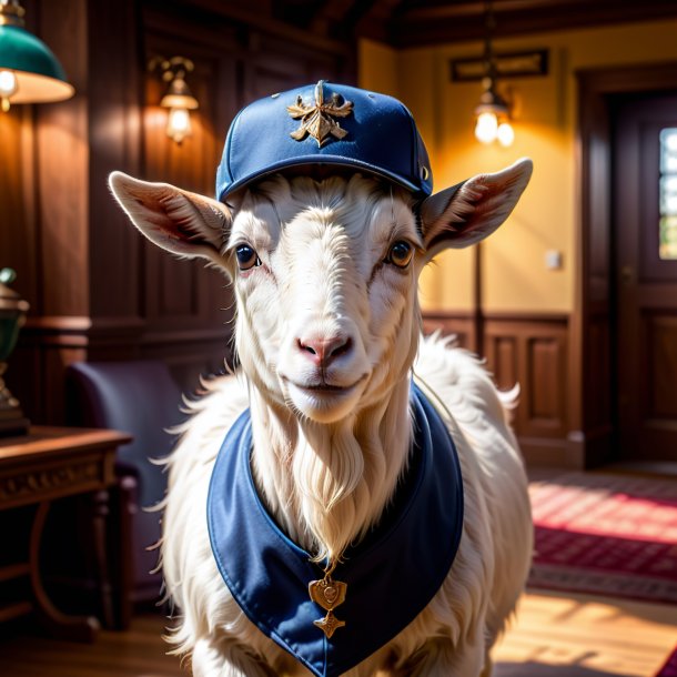 Pic d'une chèvre dans une casquette dans la maison