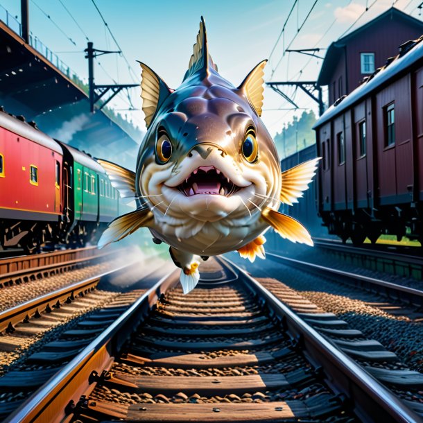 Picture of a jumping of a haddock on the railway tracks