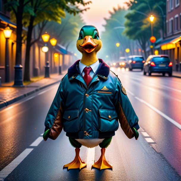 Photo of a duck in a jacket on the road