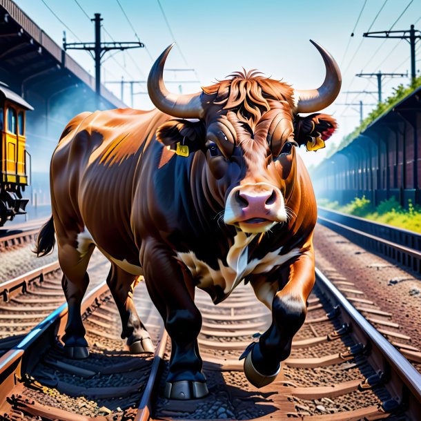 Image of a bull in a gloves on the railway tracks