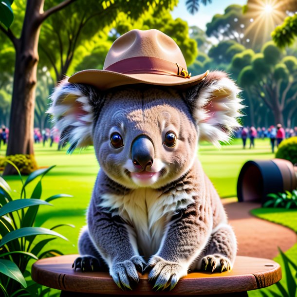 Photo of a koala in a hat in the park