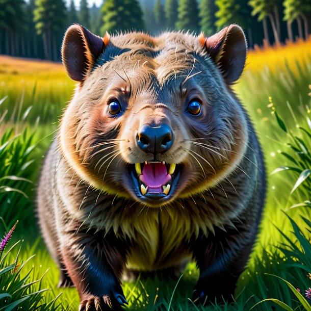 Imagem de uma raiva de um wombat no prado