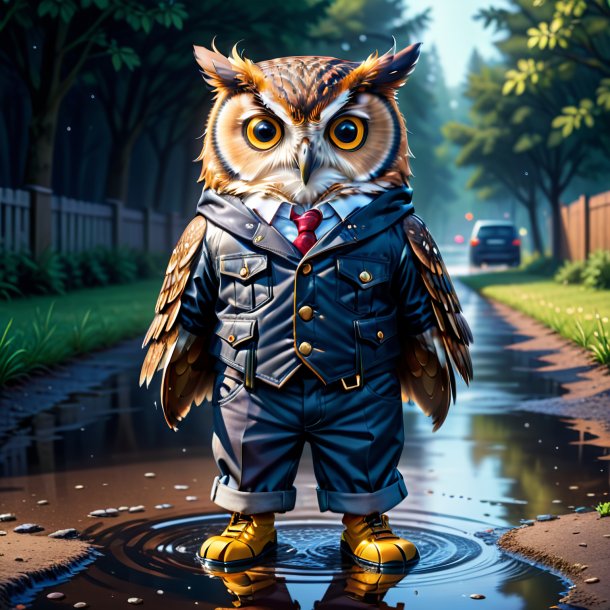 Illustration of a owl in a trousers in the puddle