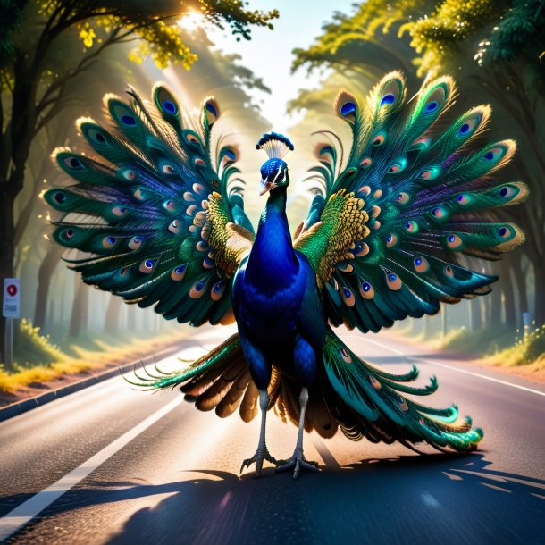 Image of a jumping of a peacock on the road