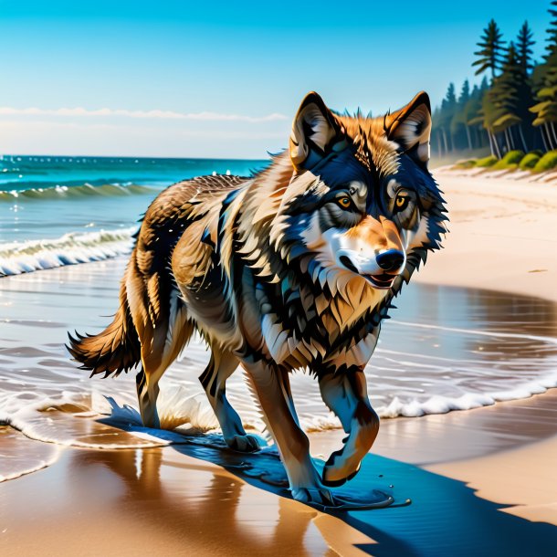 Pic of a swimming of a wolf on the beach