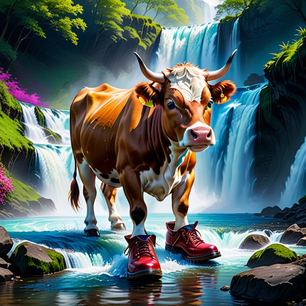 Dessin d'une vache dans une chaussure dans la cascade