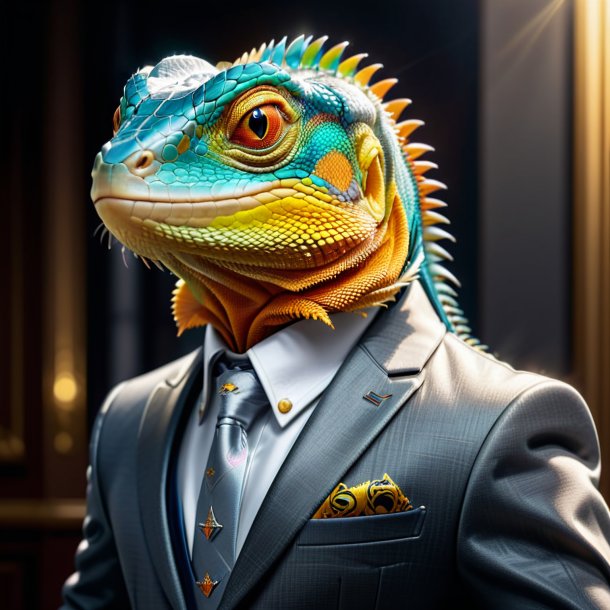 Picture of a lizard in a gray jacket