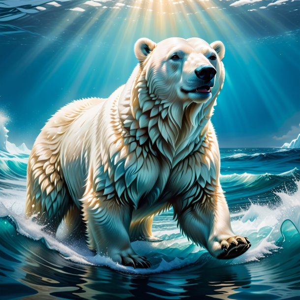 Illustration of a polar bear in a dress in the sea