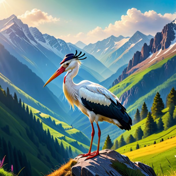 Picture of a stork in a cap in the mountains