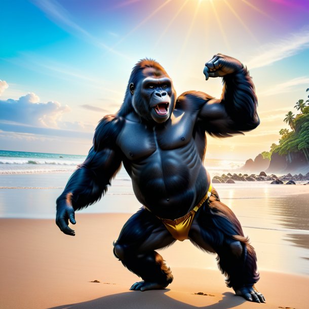 Photo of a dancing of a gorilla on the beach