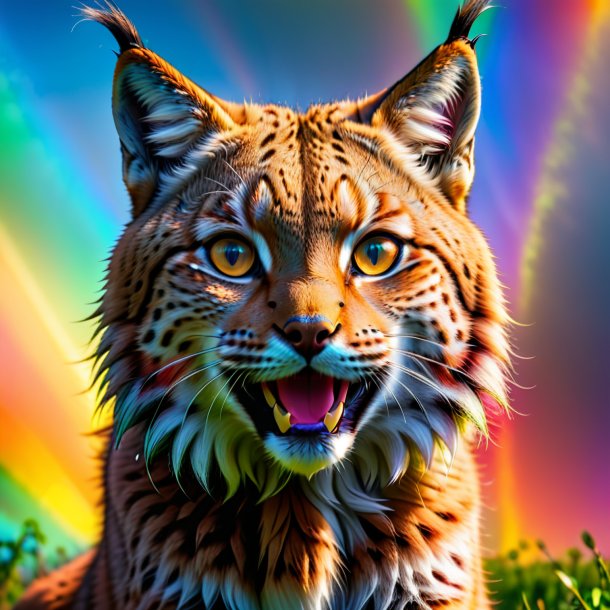 Pic d'un sourire de lynx sur l'arc-en-ciel