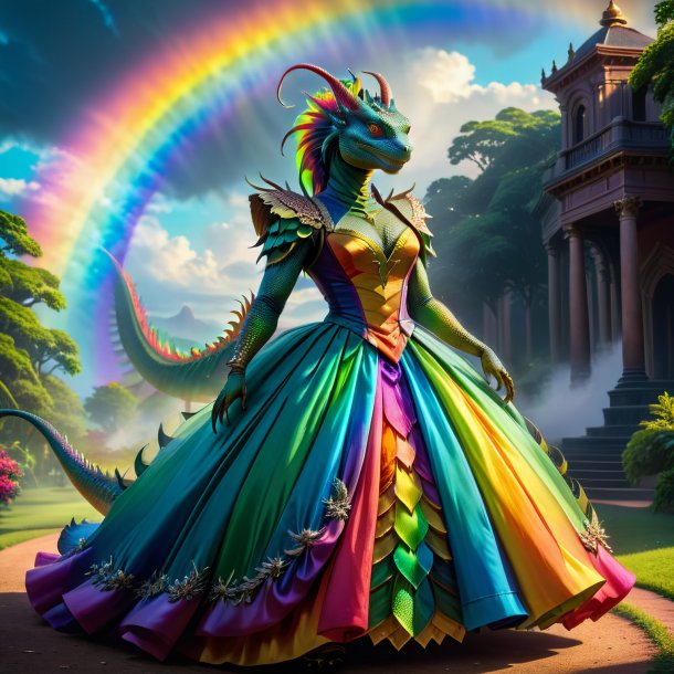 Foto de un basilisco en un vestido en el arco iris