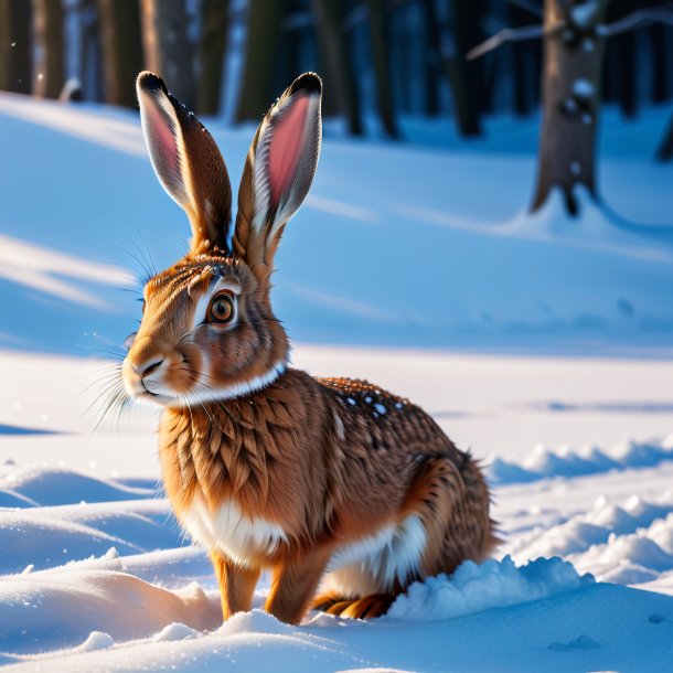 Photo of a swimming of a hare in the snow