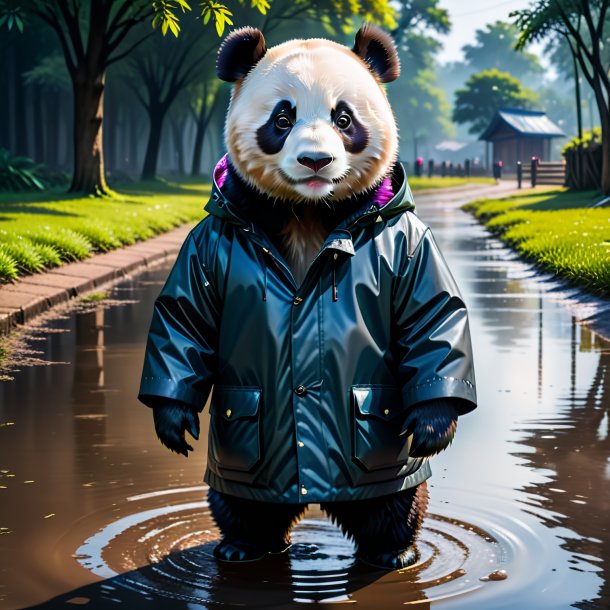 Image of a giant panda in a coat in the puddle