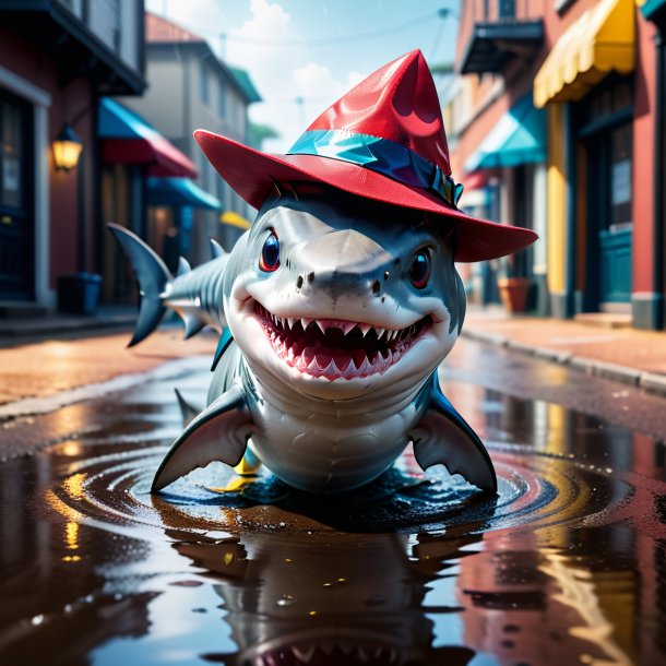 Image of a shark in a hat in the puddle