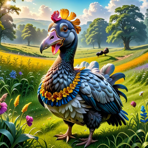 Dessin d'un dodo dans une robe dans la prairie